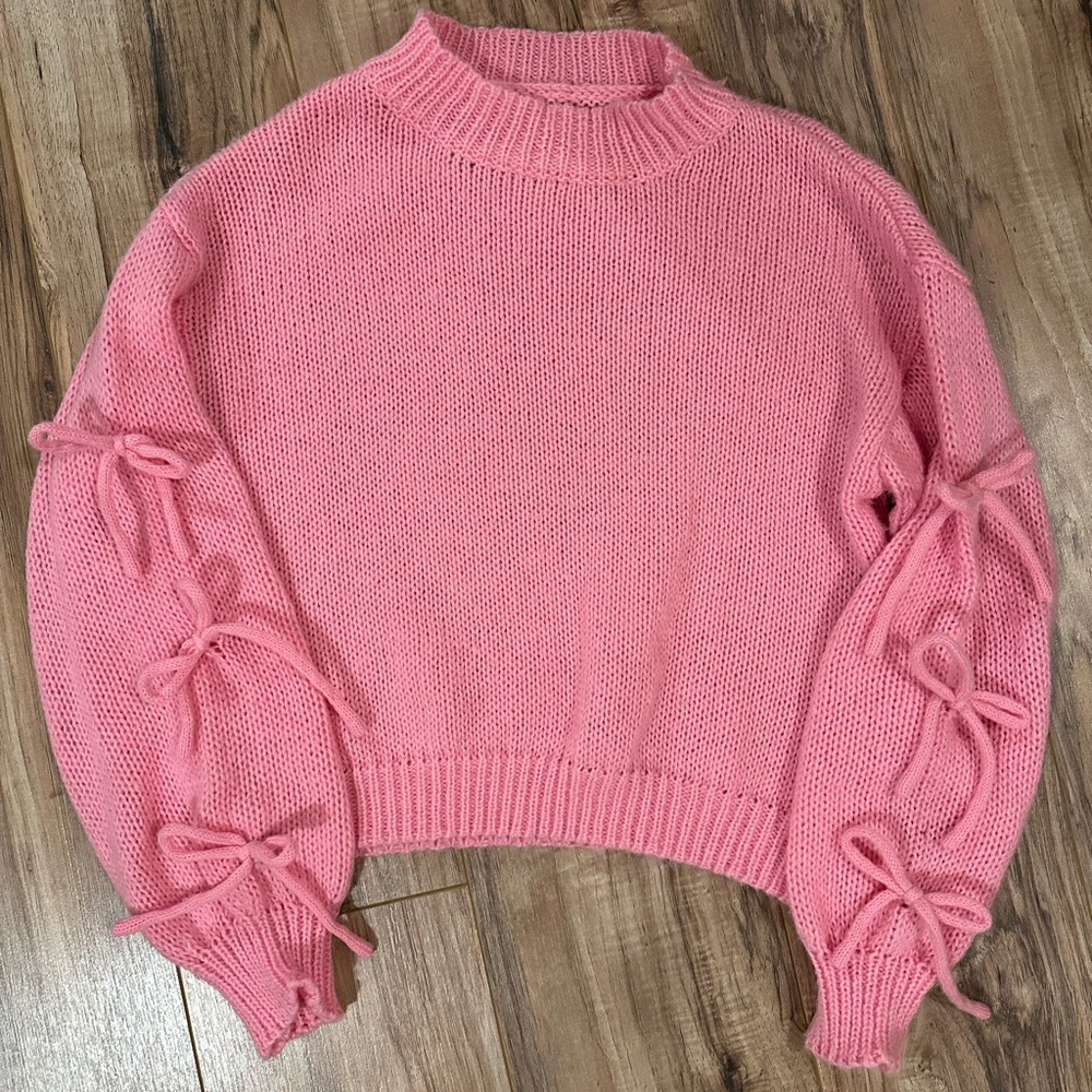 Pink Knit Sweater with Bow Details